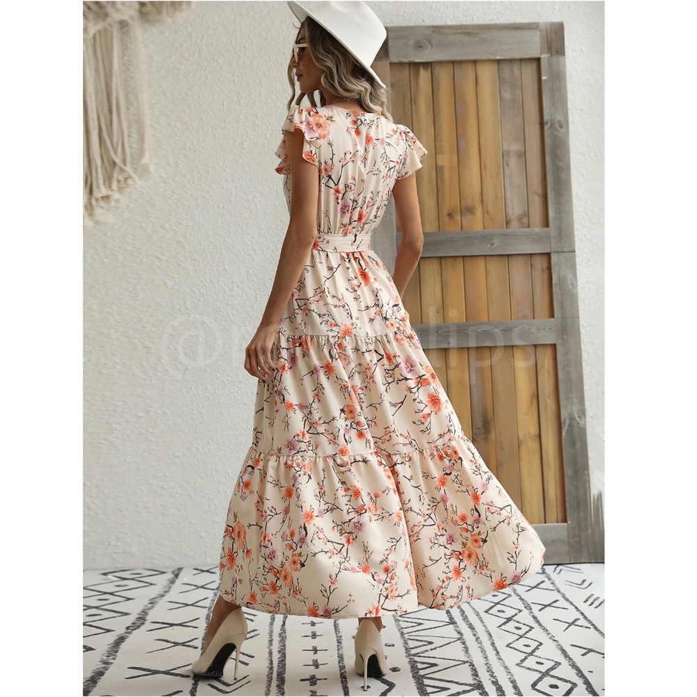 Floral Dress Surplice Overlapping V Neck Fit & Flare Maxi Long  Beige Tie Belt - Picture 4 of 9